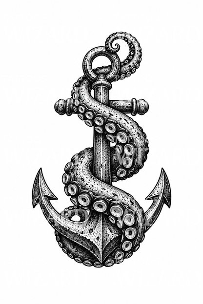 Kraken Tentacle Wrapped around Anchor Dotwork Tattoo