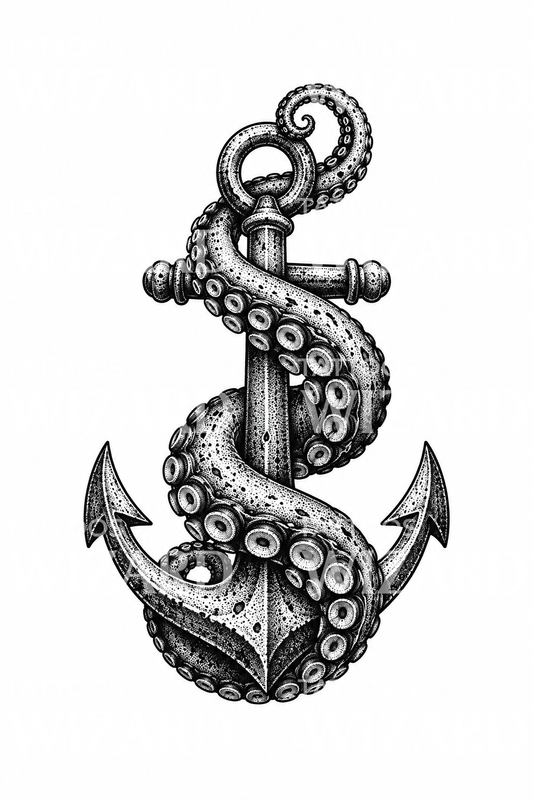 Dotwork-Tattoo eines Krakenarms um einen Anker