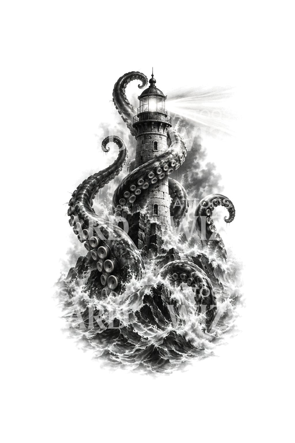 Tentáculos de kraken a envolver um farol, tatuagem preta e cinzenta