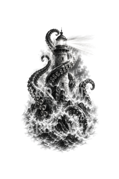 Tentáculos de kraken a envolver um farol, tatuagem preta e cinzenta