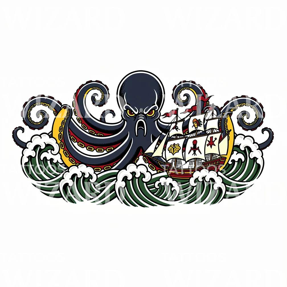 Kraken Versus Ship Tattoo Design