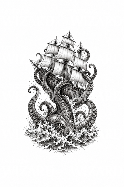 Kraken oplatający wysoki statek, tatuaż dotwork