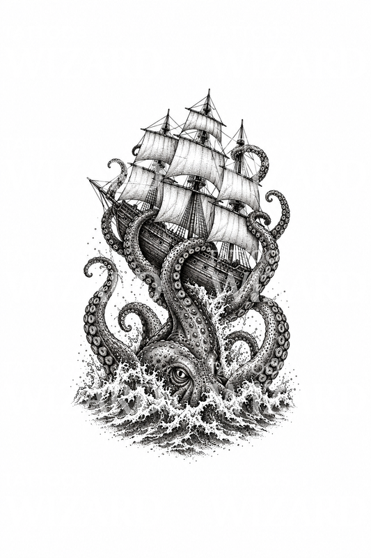 Kraken enlaçant un grand voilier, tatouage dotwork