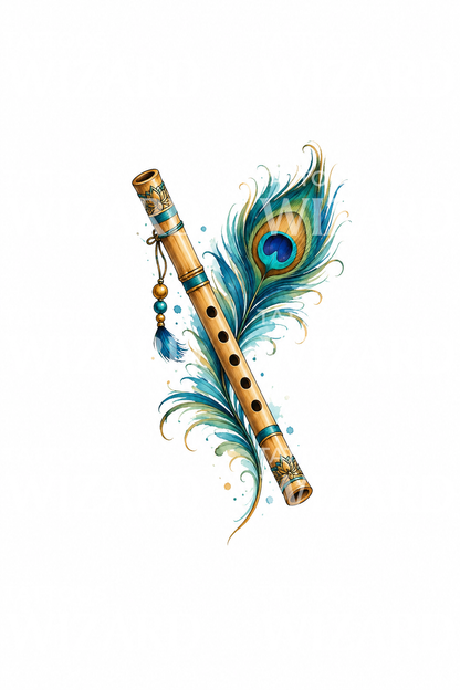 Krishnas Bambusflöte und Pfauenfeder, Aquarell-Tattoo