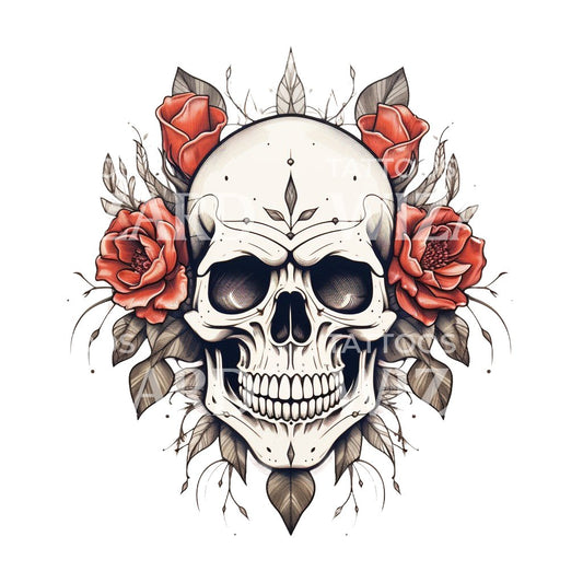 Skull and Roses Old School Tattoo Design