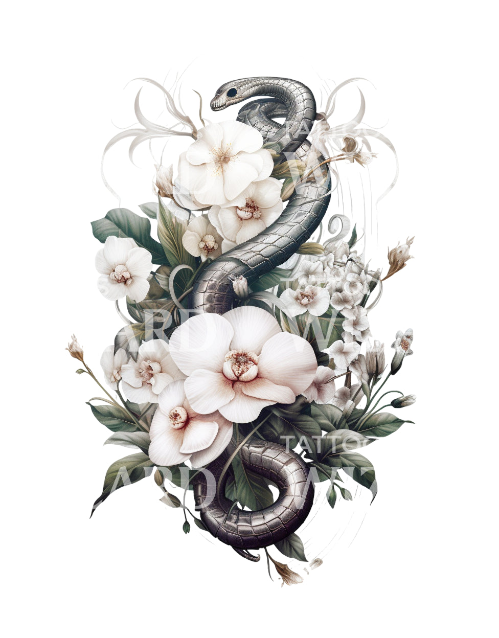 Snake with Orchids Tattoo Design