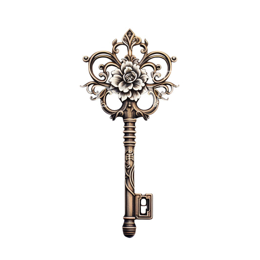 Wrought Iron Key with White Flower Tattoo Design