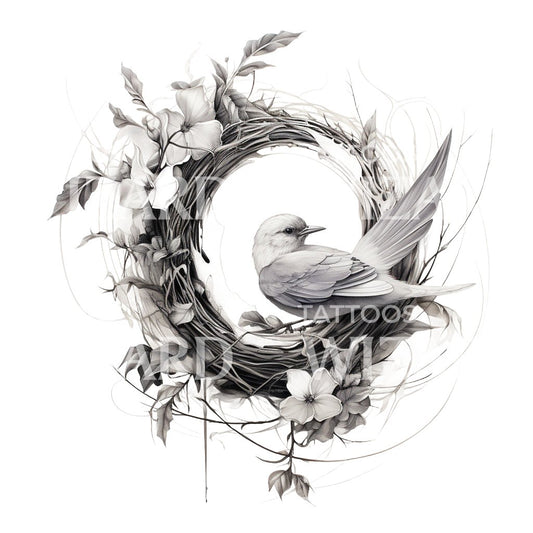 Black and Grey Bird Nest Tattoo Design