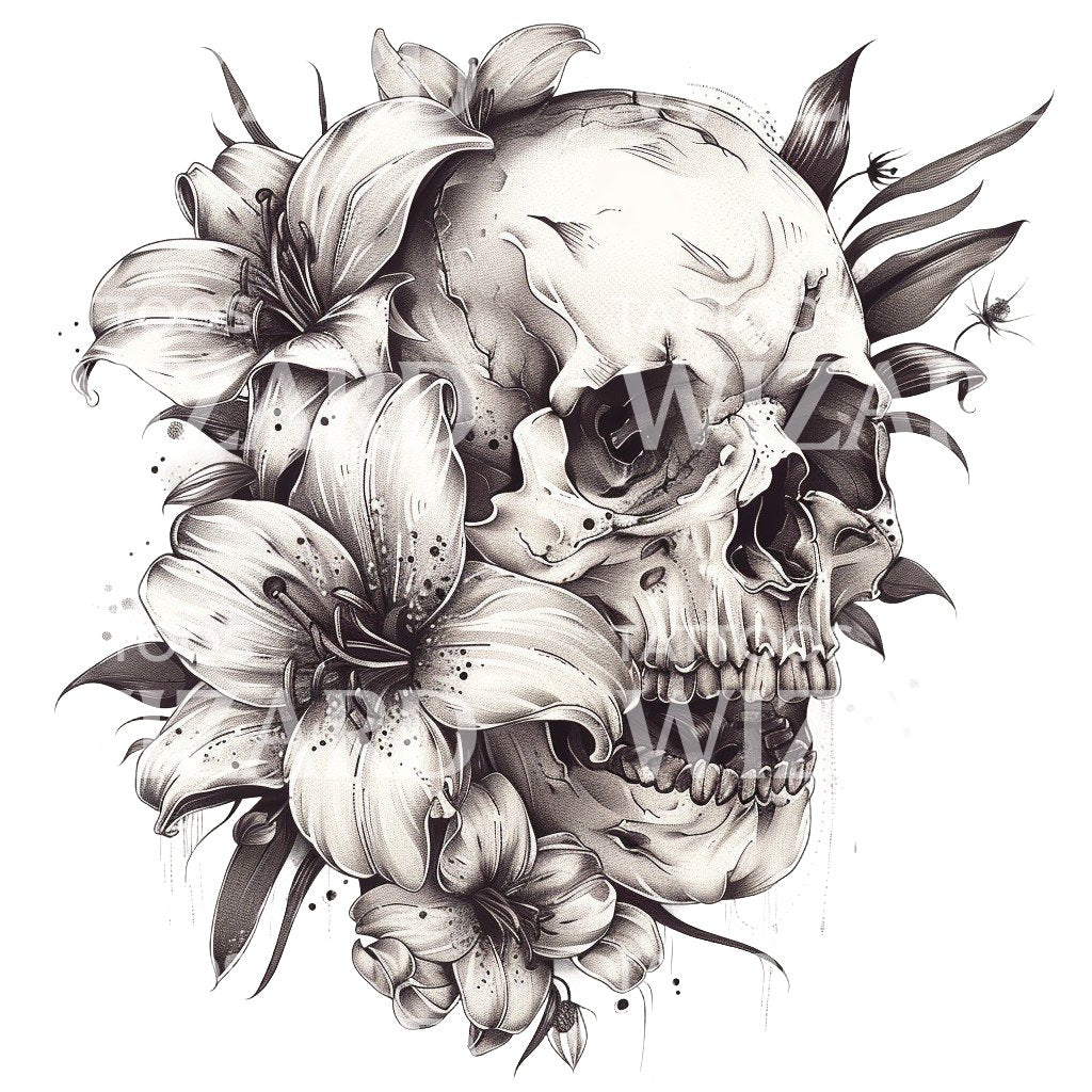 Skull and Lilies Flowers Tattoo Design