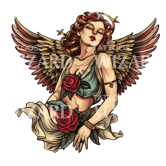 Conception de tatouage de vieille école de fille d'ange rebelle