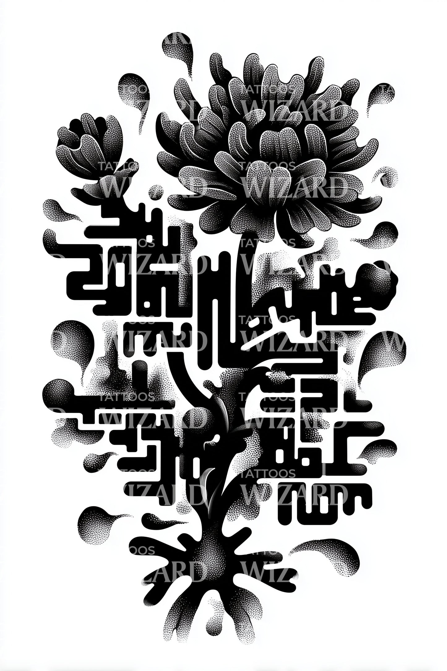 Labyrint Krysantemum Blackwork Tatoveringsdesign