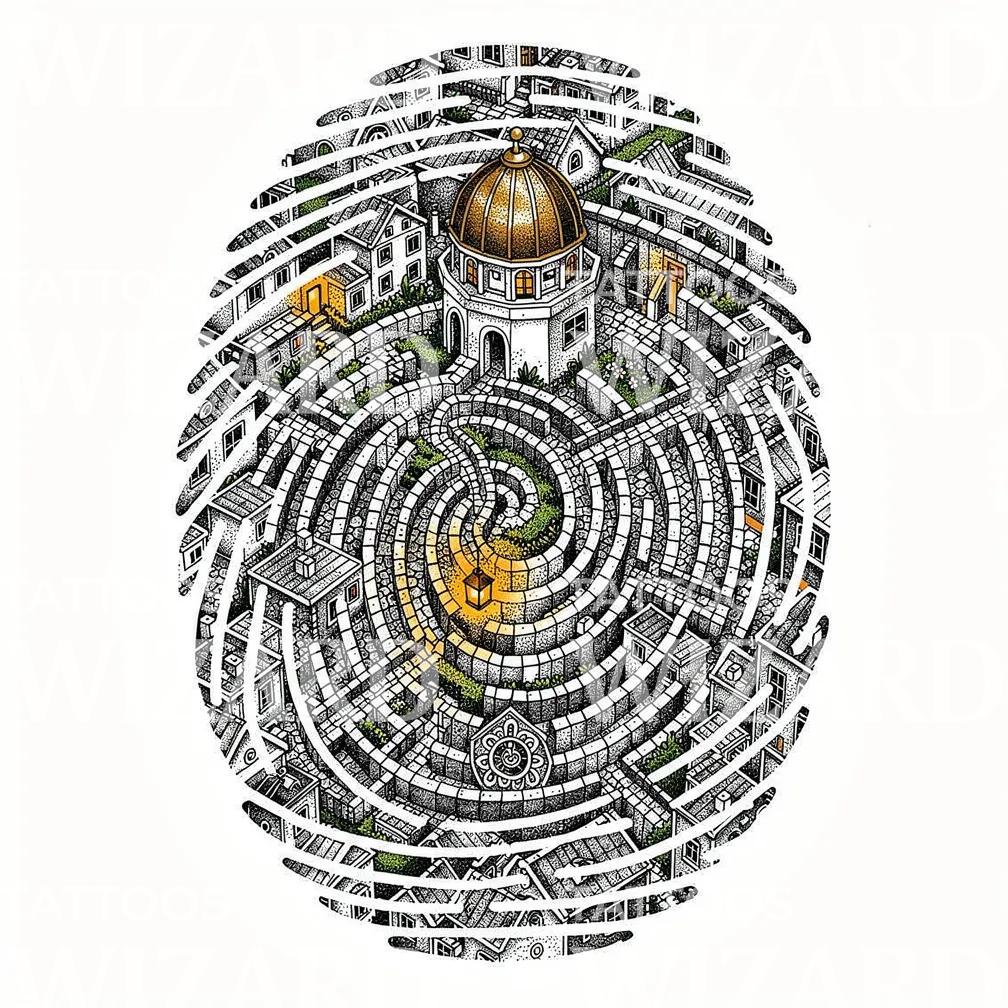 Labyrinth Fingerprint City Tattoo Design