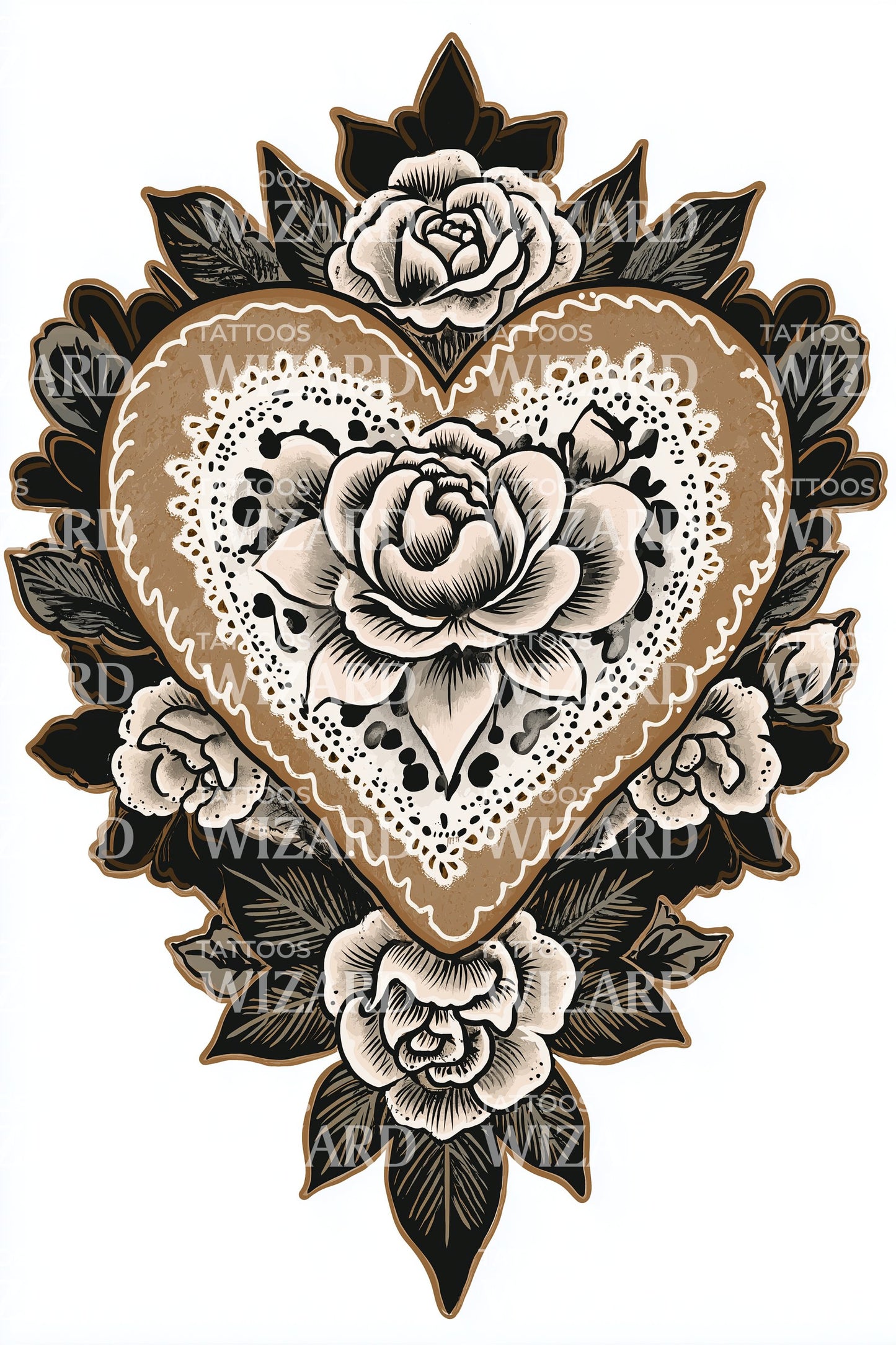 Lace Heart Rose Tattoo Design