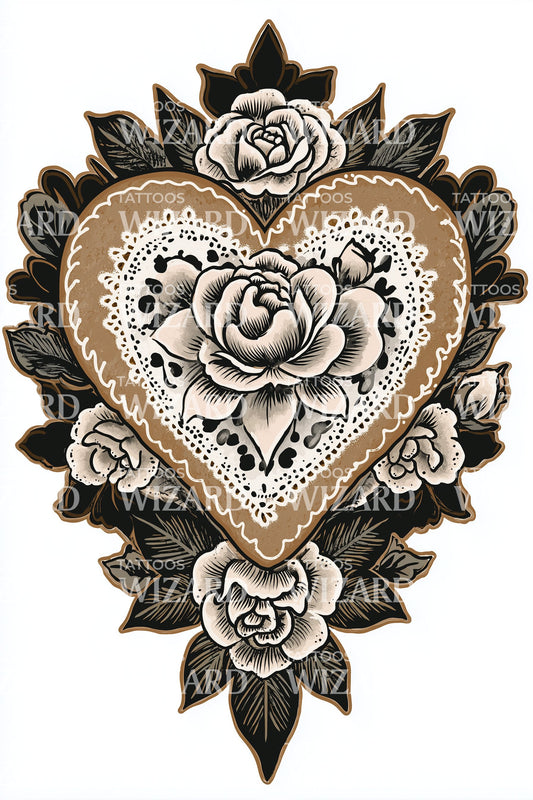 Lace Heart Rose Tattoo Design