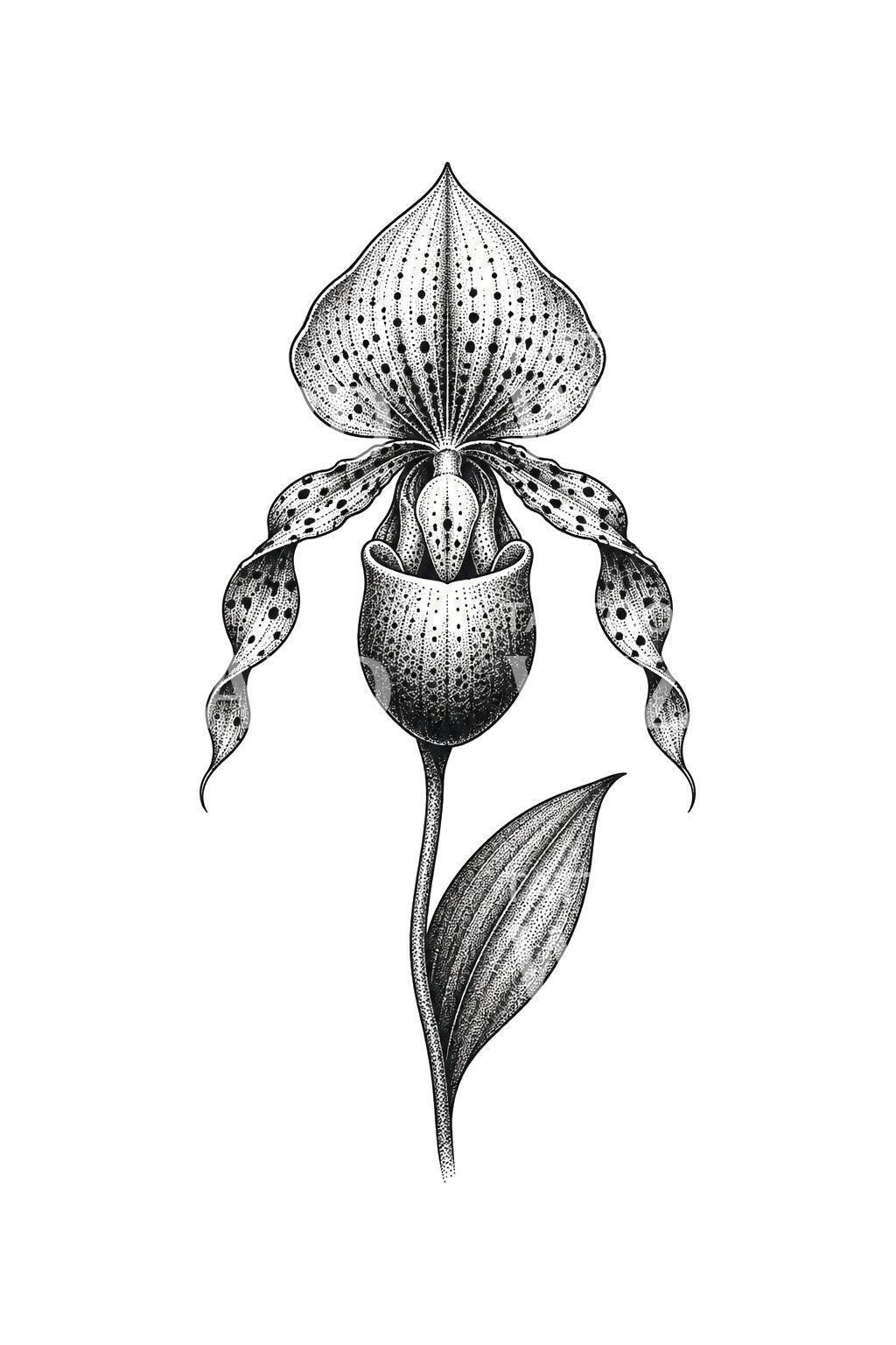 Lady Slipper Orchid Dotwork Tattoo Design