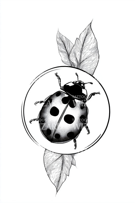 Ladybug Botanical Circle Tattoo Design