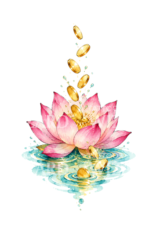 Tatuaggio acquerello del loto di Lakshmi con monete d’oro cadenti