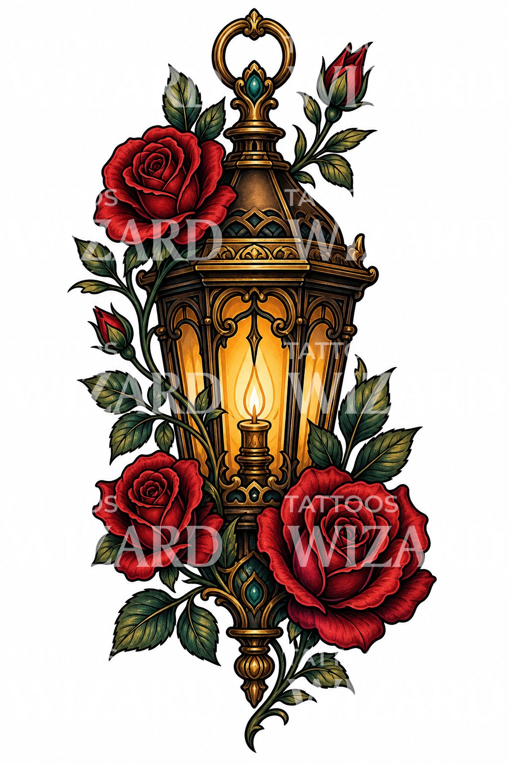 Lantern and Roses Tattoo Design
