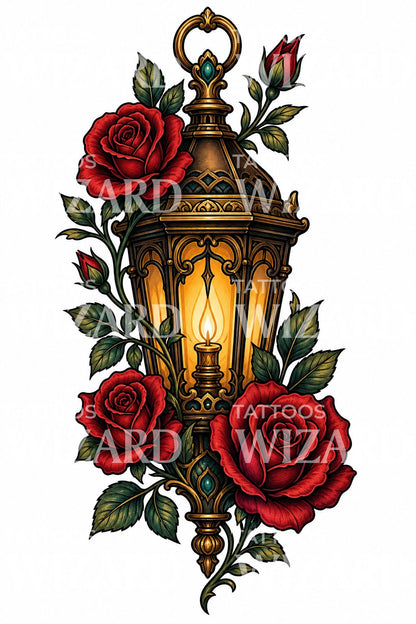 Lantern and Roses Tattoo Design
