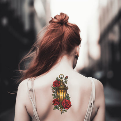 Lantern and Roses Tattoo Design