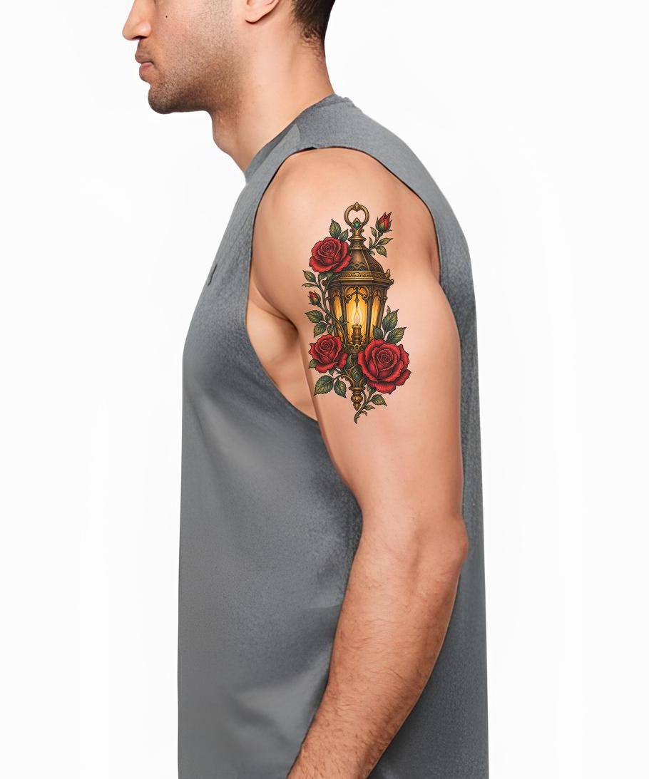 Lantern and Roses Tattoo Design