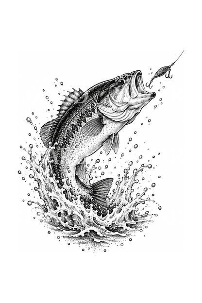 Dotwork-tatovering af largemouth bass, der springer efter agnen