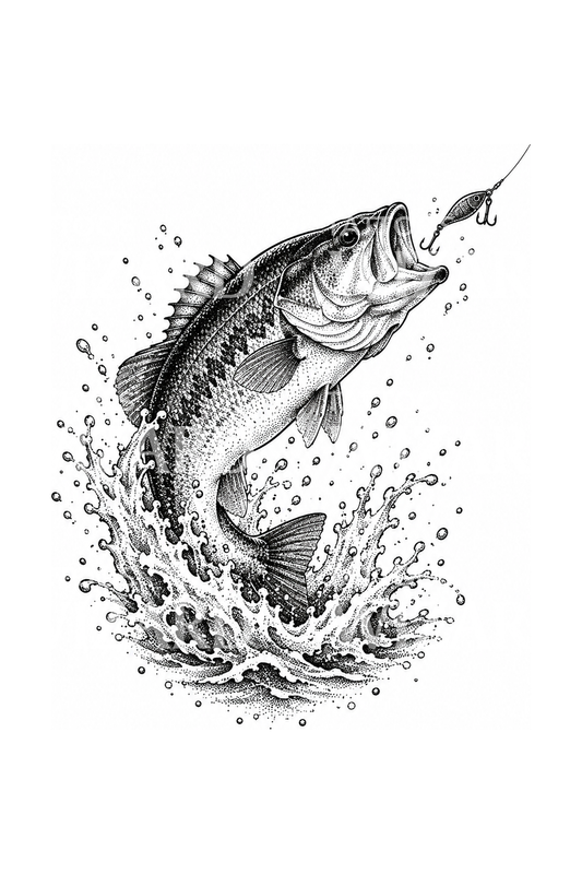 Dotwork-tatovering av largemouth bass som hopper etter sluken