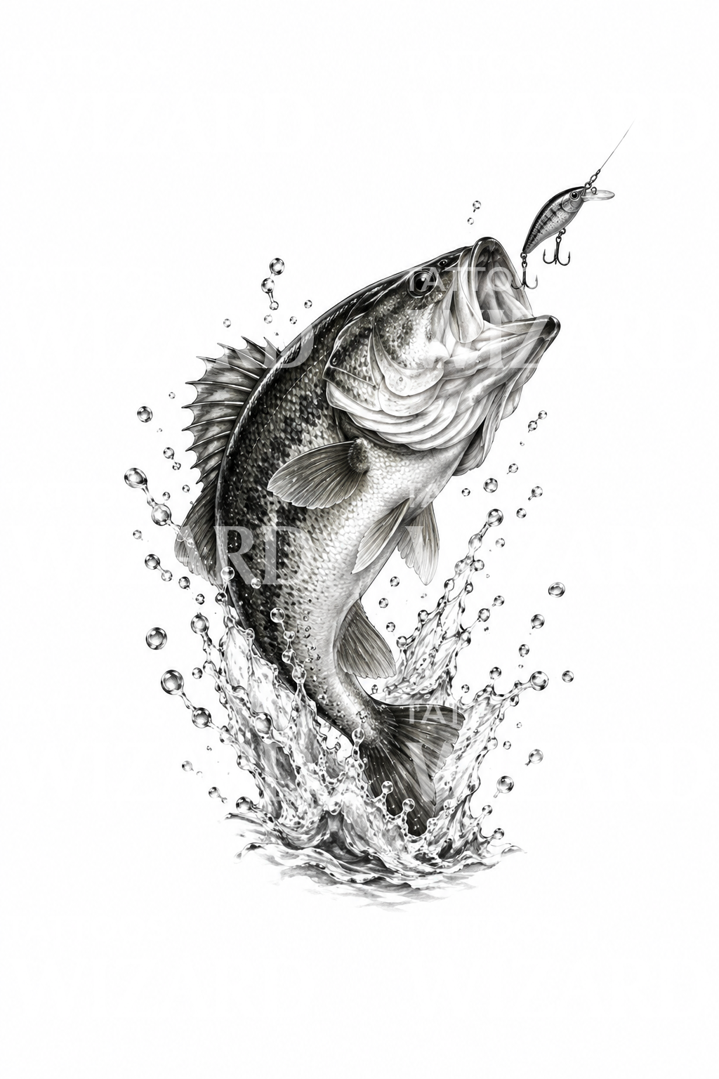Hyppäävän largemouth bassin kalastusaiheinen tatuointi