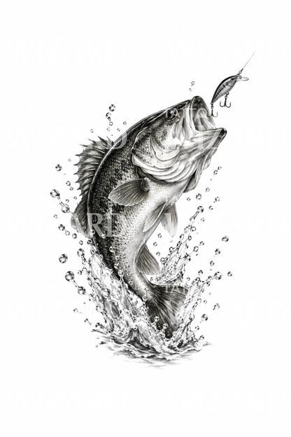 Hyppäävän largemouth bassin kalastusaiheinen tatuointi
