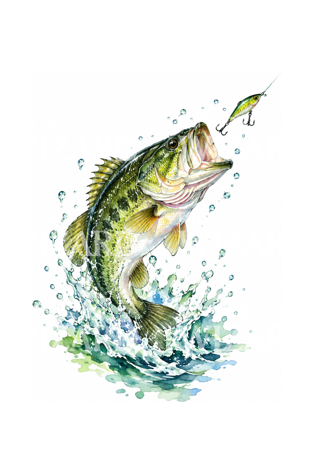 Aquarel-tatoeage van een largemouth bass die naar een kunstaas springt