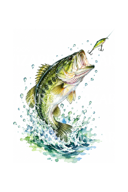 Aquarel-tatoeage van een largemouth bass die naar een kunstaas springt