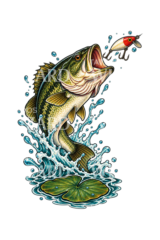 Tattoo av largemouth bass som angriper sluken