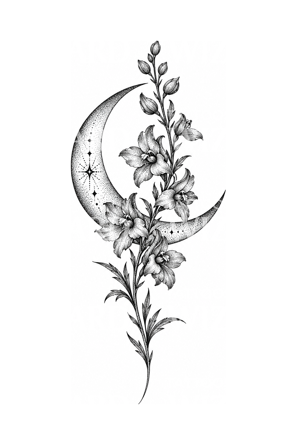 Larkspur and Crescent Moon Stippled Tattoo – Tattoos Wizard Designs