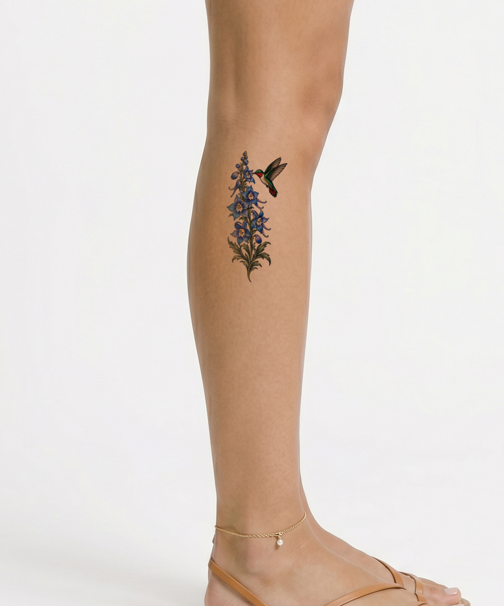Blue Larkspur Delphinium with Hummingbird Tattoo Design