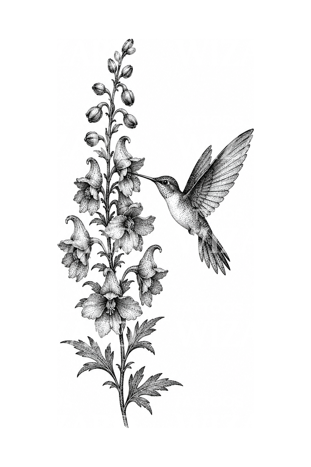 Ostróżka z kolibrem, tatuaż dotwork