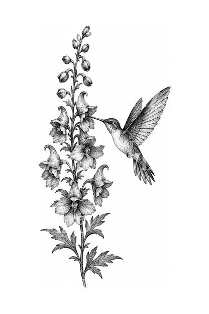 Ostróżka z kolibrem, tatuaż dotwork