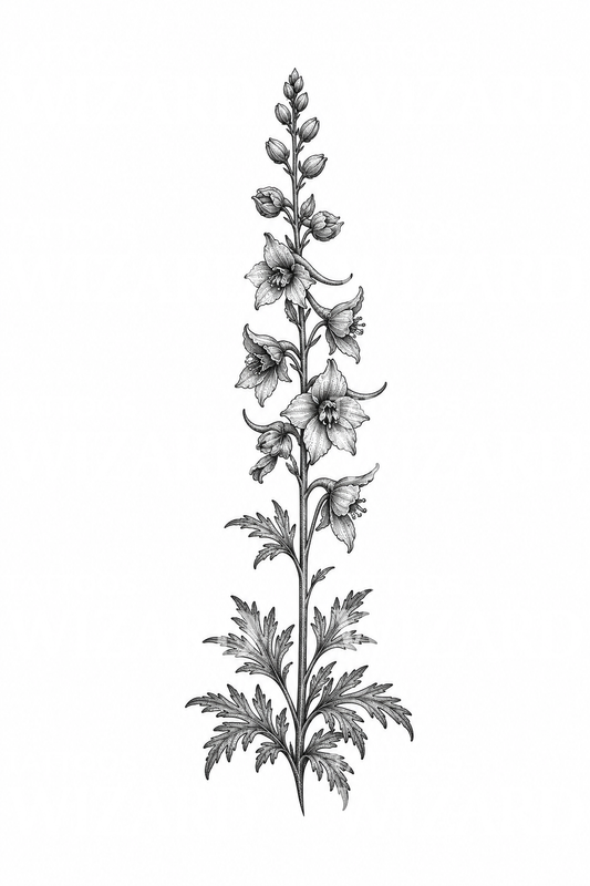 Illustration de tatouage dotwork d’une hampe de delphinium