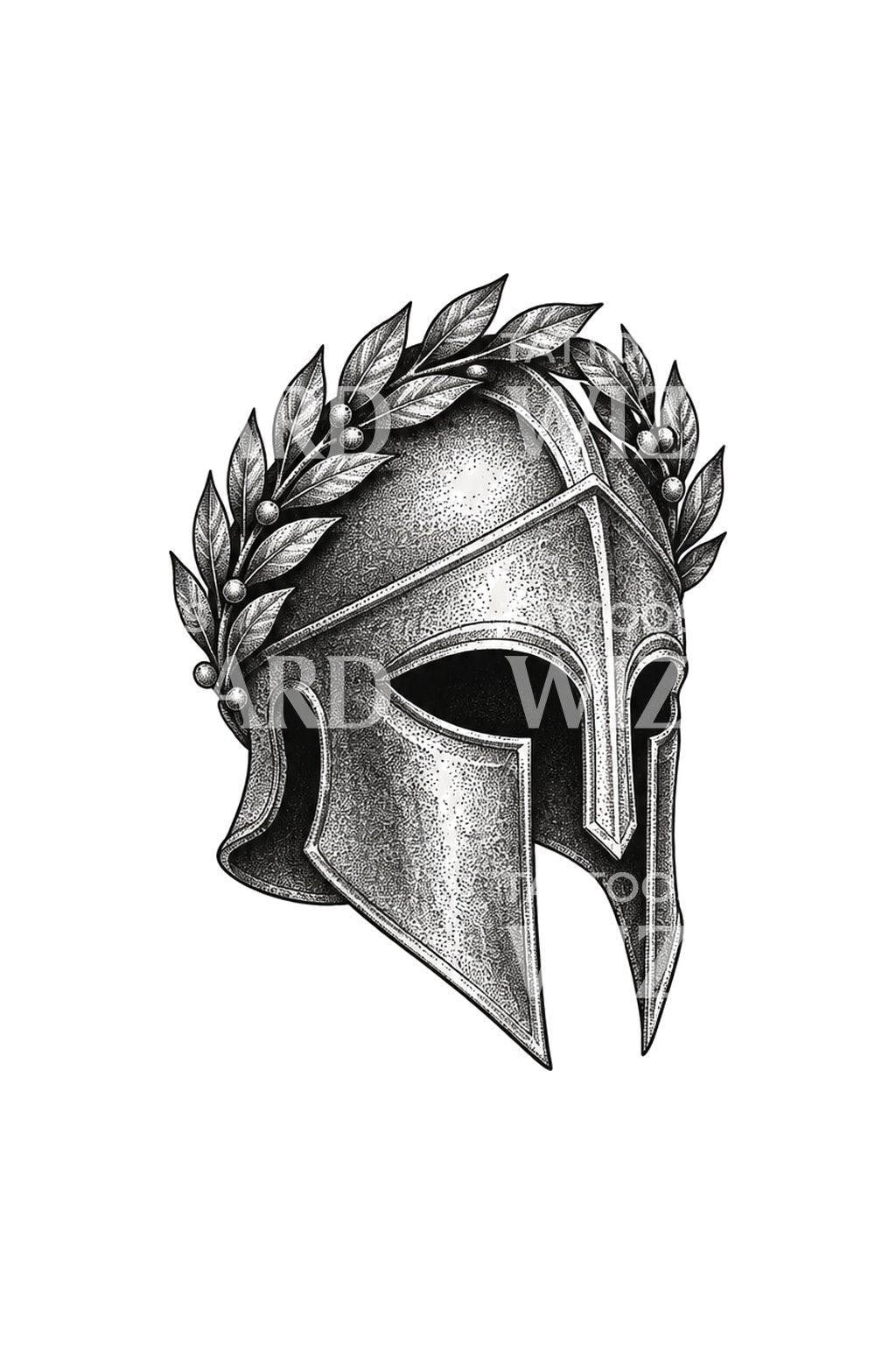 Diseño de tatuaje dotwork de casco corintio con laurel