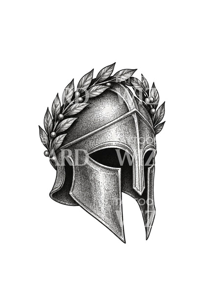 Diseño de tatuaje dotwork de casco corintio con laurel