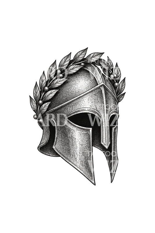 Tatouage dotwork d’un casque corinthien couronné de laurier