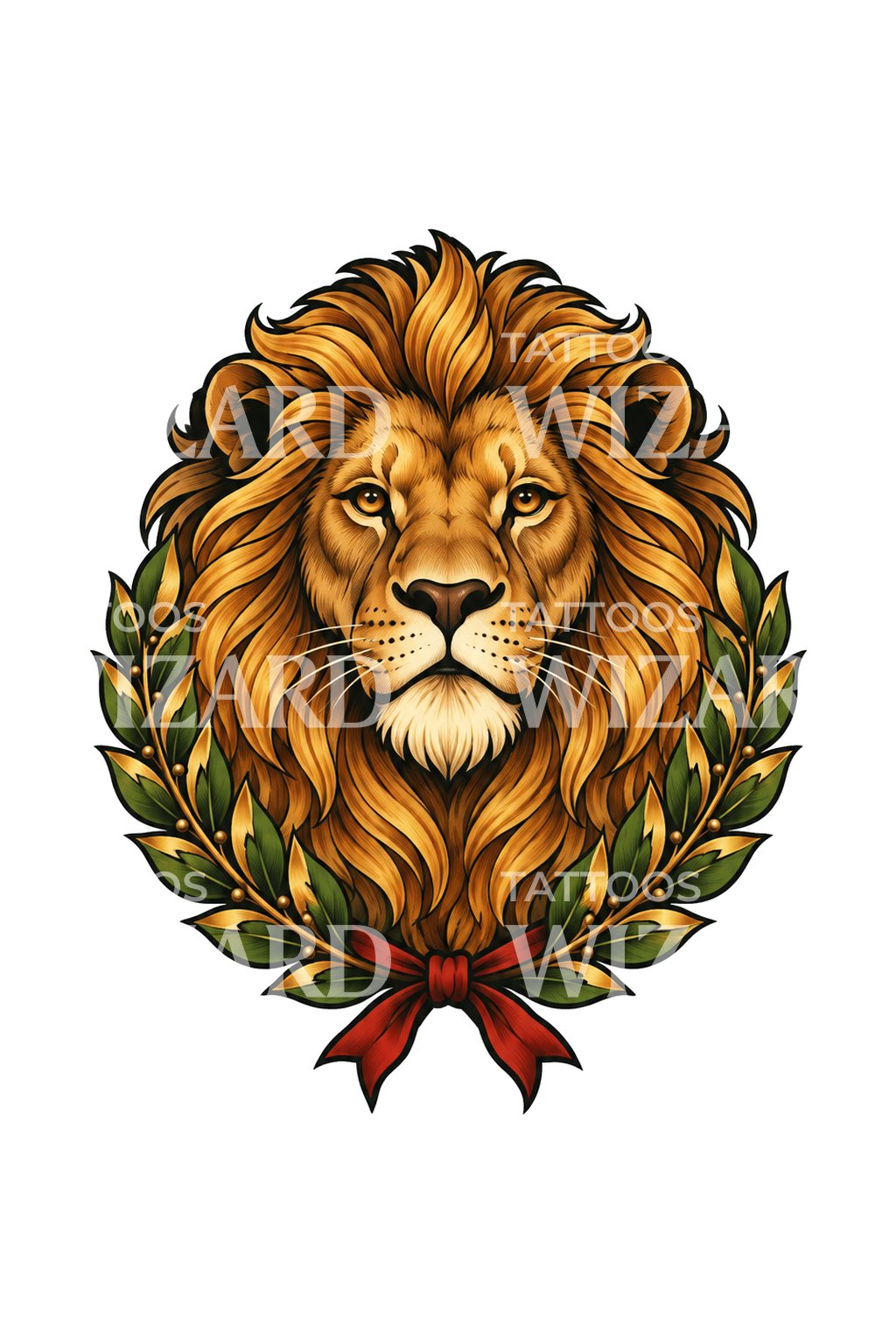 Ilustración de tatuaje de cabeza de león coronada de laurel