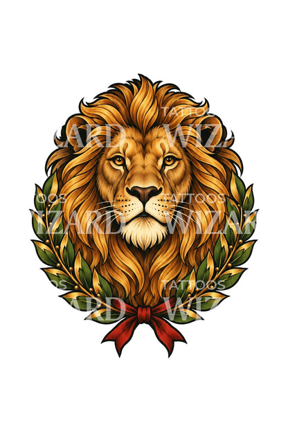Ilustración de tatuaje de cabeza de león coronada de laurel