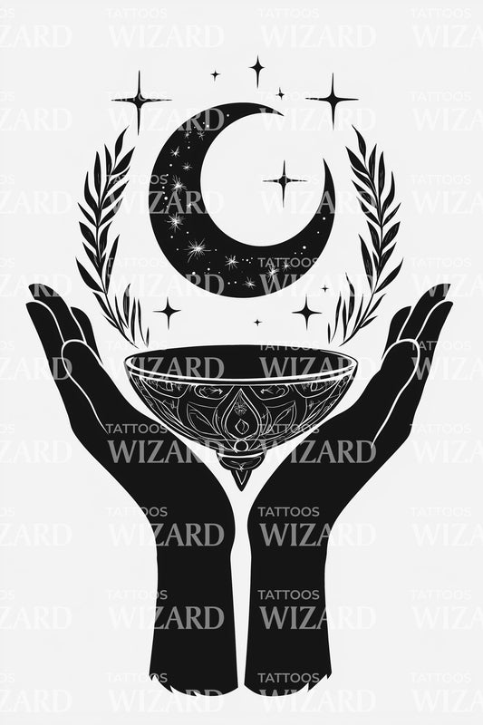 Laurel Hands Crescent Offering Tattoo Illustration