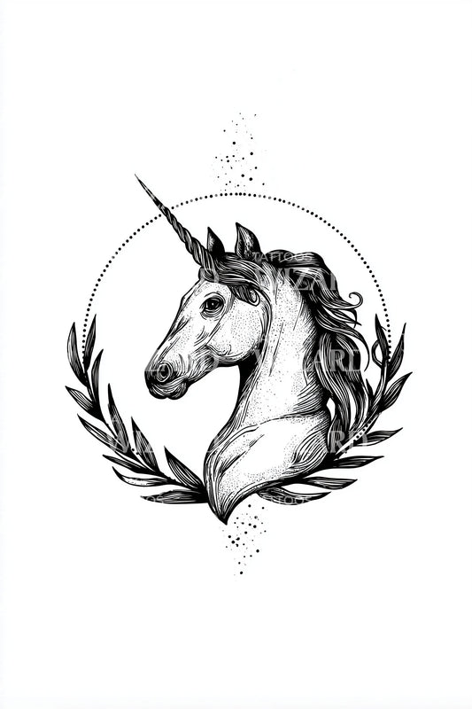 Design del tatuaggio unicorno con corona di alloro