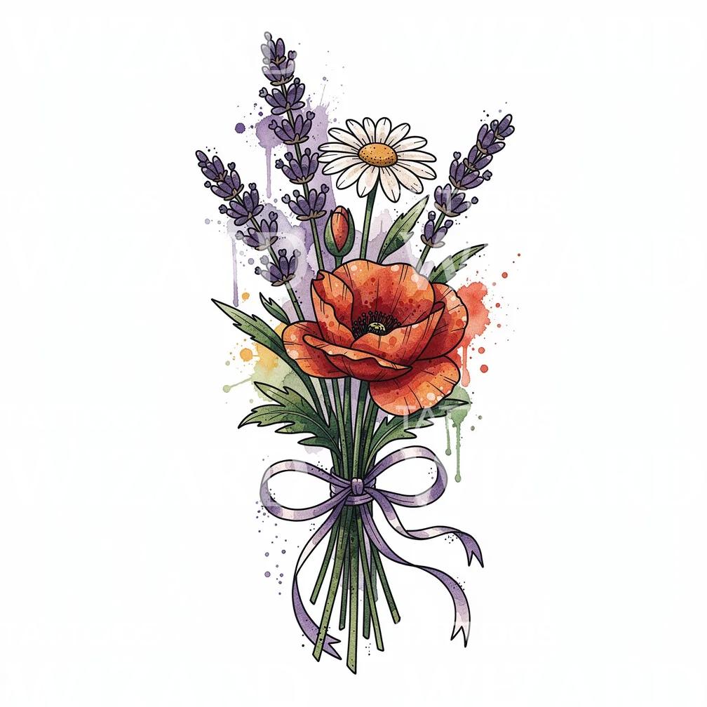 Lavender and Daisy Bouquet Tattoo Illustration
