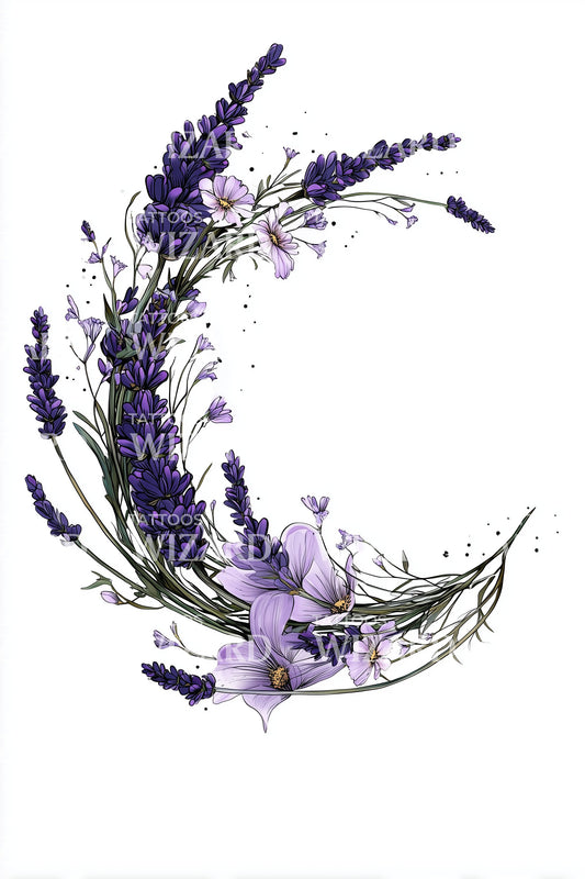 Lavender Crescent Floral Tattoo Design