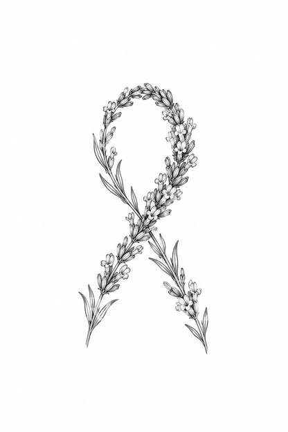 Tatuaje de lazo de concienciación con tallo de lavanda en línea fina