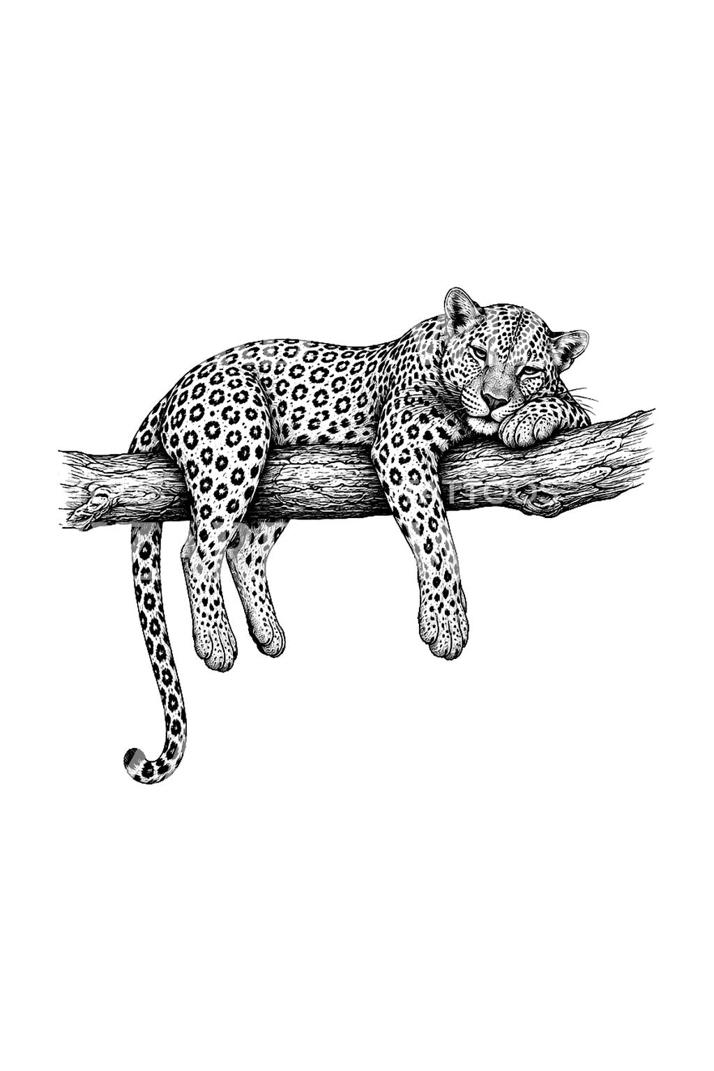 Tatoveringsdesign med avslappet leopard på en gren