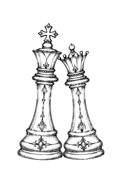 Leaning Royal Chess Couple Fine Line Tattoo Idea