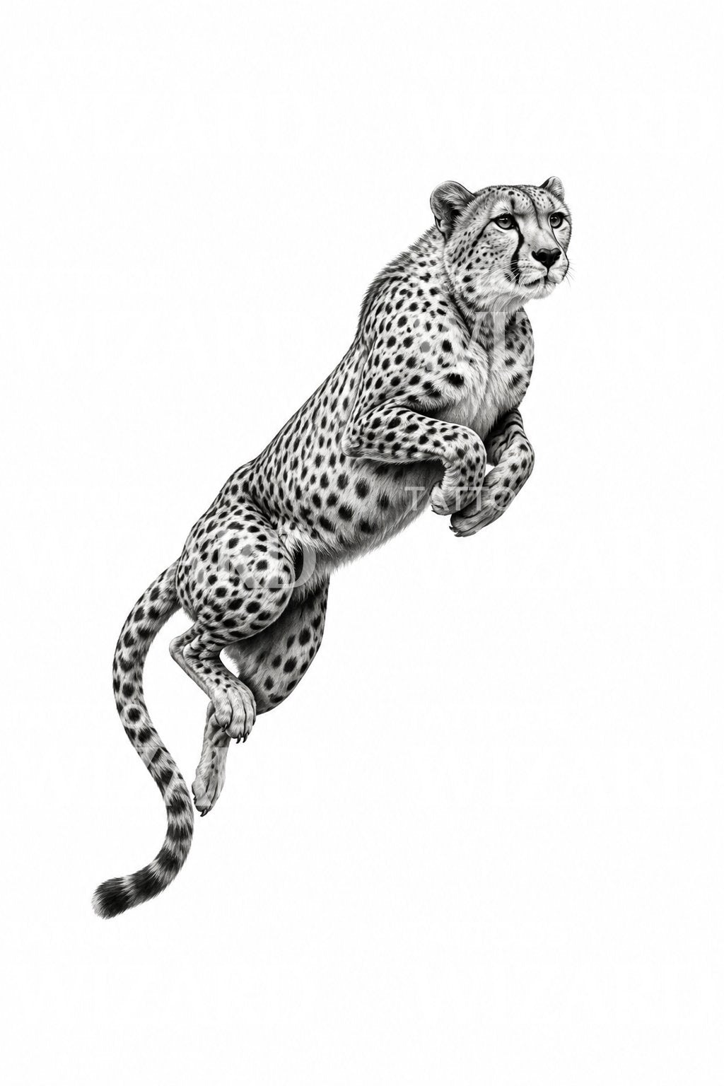 Skákající gepard, černobílý tetovací motiv